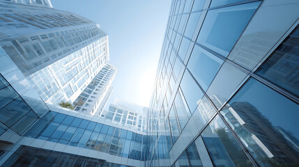 Modern Cityscape Low Angle View of Glass Buildings Against a Sunny Sky