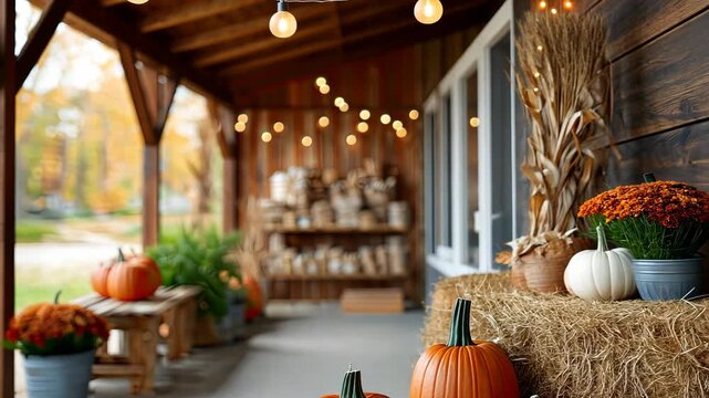 Autumn display of pumpkins and hay bales at a festive outdoor market in a vibrant neighborhood during the fall season