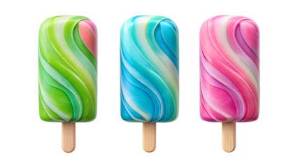 Three colorful swirl popsicles on a stick isolated on transparent background, perfect for summer refreshment and sweet treat enjoyment