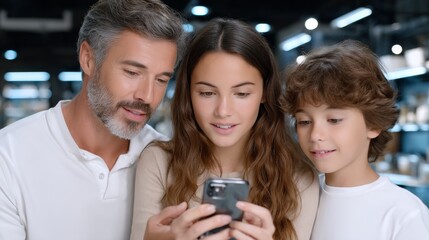 Fototapeta premium Family grocery price checking supermarket aisle family shopping scene tense environment concerned viewpoint economic worries