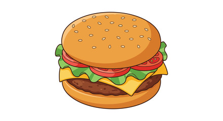 Cartoon Burger Illustration with Lettuce Tomato Cheese and Meat Patty