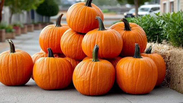 Vibrant pumpkins stacked creatively at a local market, showcasing autumn's harvest in a sunny outdoor setting