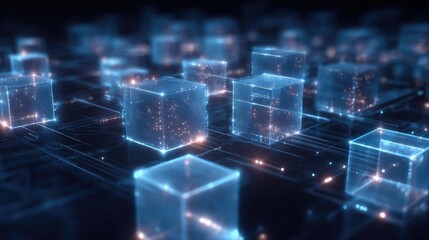 Stunning futuristic network concept with glowing blue cubes connecting in cyberspace, ideal for technology and innovation visuals, conveying modern digital transformation