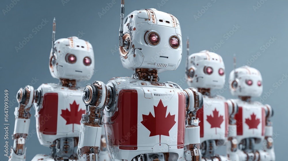 Poster patriotic canadian robots standing ready for futuristic tasks, showcasing national pride and advance