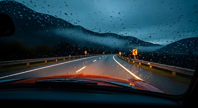 Driving through mountains on a rainy night with headlights illuminating the wet road