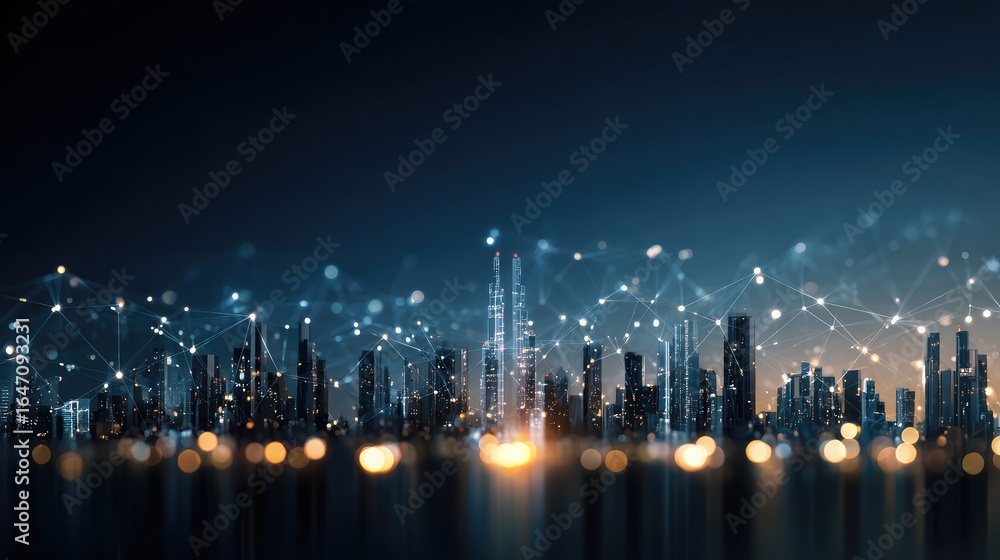 Poster futuristic cityscape glows with interconnected network, symbolizing modern technology and global com