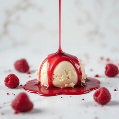 Raspberry Sauce Drizzled on Vanilla Ice Cream - Food photography wi.