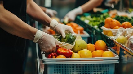Workers sort fresh produce