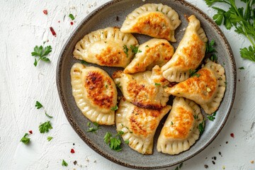 A plate of fried pierogi with parsley garnish close up