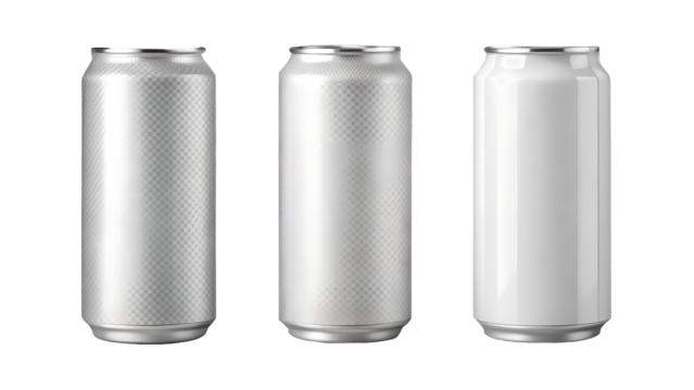 Three aluminum cans of soda isolated on transparent background, perfect for showcasing your beverage brand with a clean and modern aesthetic