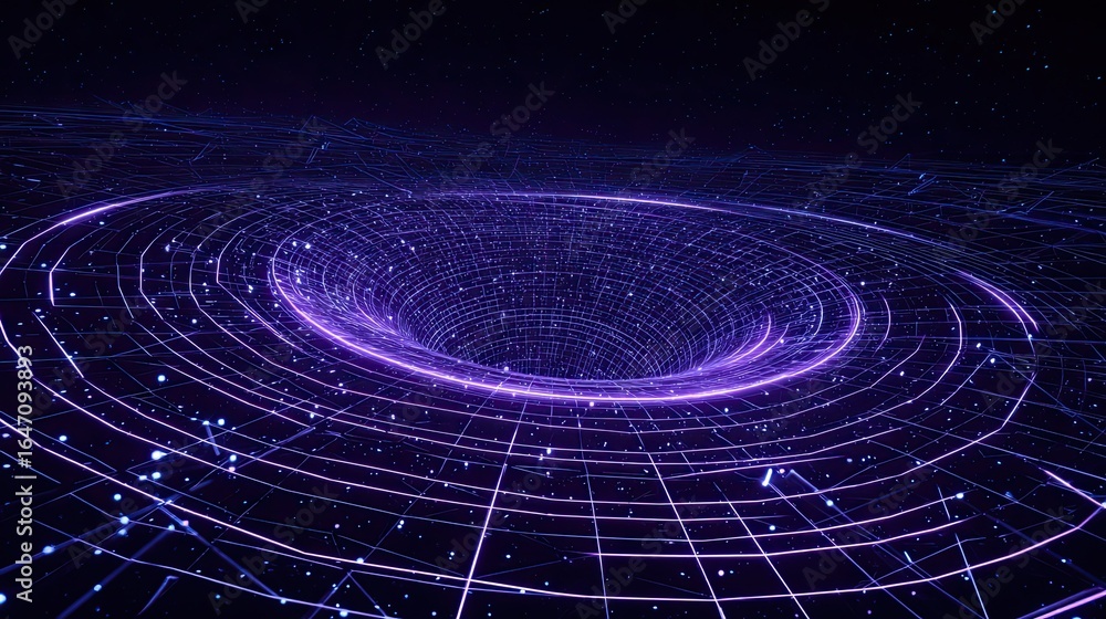 Poster enter the digital vortex with glowing purple gridlines and sparkling starlight background for techno