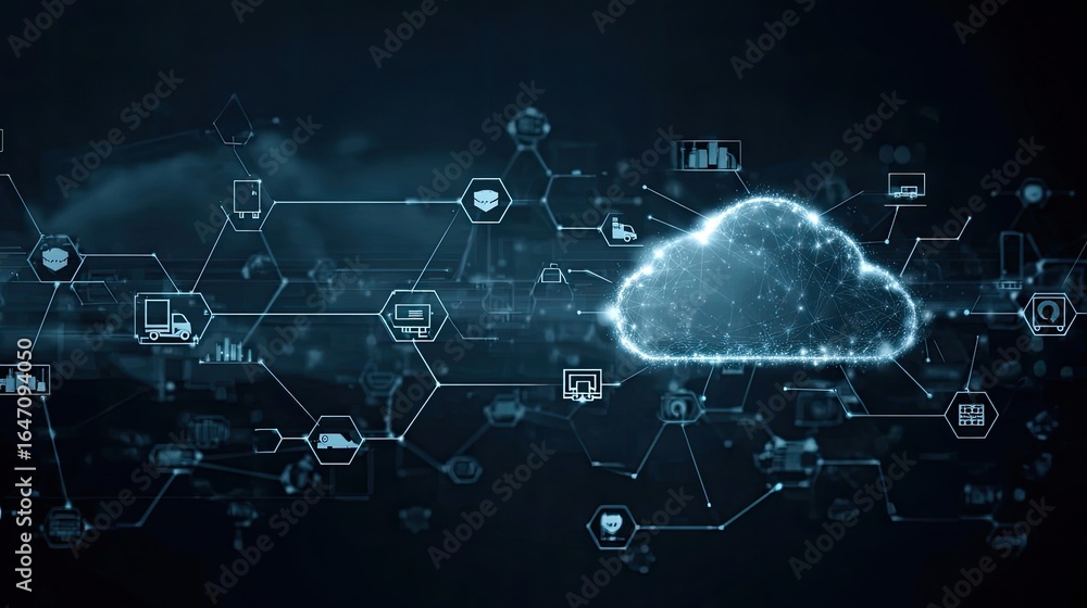 Poster secure cloud network connecting global business data with modern technology solutions for streamline