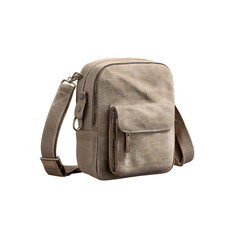 Naklejka premium Modern tan crossbody bag crafted from textured vegan leather with multiple zippered compartments and an adjustable strap, perfect for stylish everyday use.