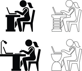 The modern working Woman at her desk, icon set fully engaged with her laptop. Rendered in a clean silhouette style, figure’s posture communicates concentration, discipline, and deep sense of purpose.