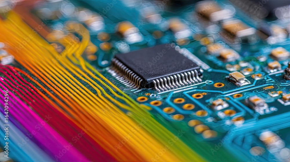 Poster vibrant macro view of a circuit board offering a modern, technological aesthetic for electronics pro