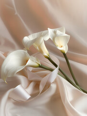 Minimalist composition with white calla lilies on a soft matte pastel background