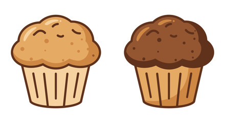 Two cute cartoon muffins one vanilla and one chocolate isolated on white