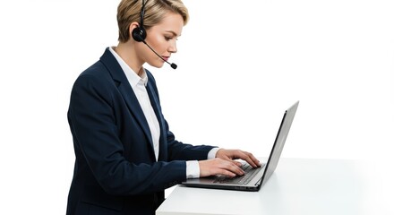 Businesswoman with Headset Typing on Laptop White Background.