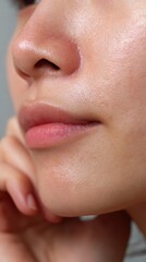 Obraz premium Close up portrait revealing luminous facial skin, natural makeup highlighting full lips and healthy glow, demonstrating youthful skincare results