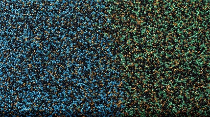 Microscopic blue, green, gold granules densely clustered, forming textured abstract surface with vivid, contrasting color palette