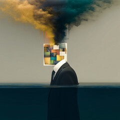 Surreal Executive in Water with Cube Head and Burdened Smoke Plumes