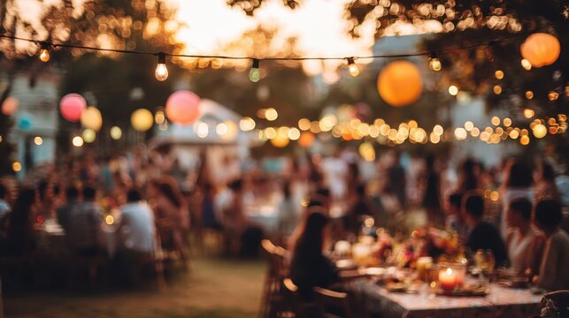 Wedding guests socializing during evening outdoor reception, dining under soft string lights and colorful paper lanterns, generating warm, celebratory ambiance