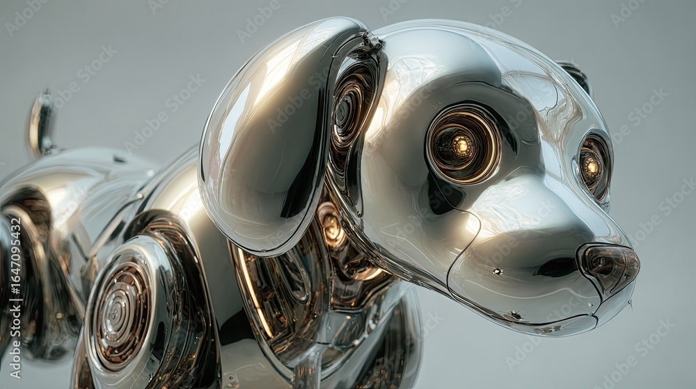 Poster sleek chrome robotic dog with glowing eyes, symbolizing futuristic innovation and advanced artificia