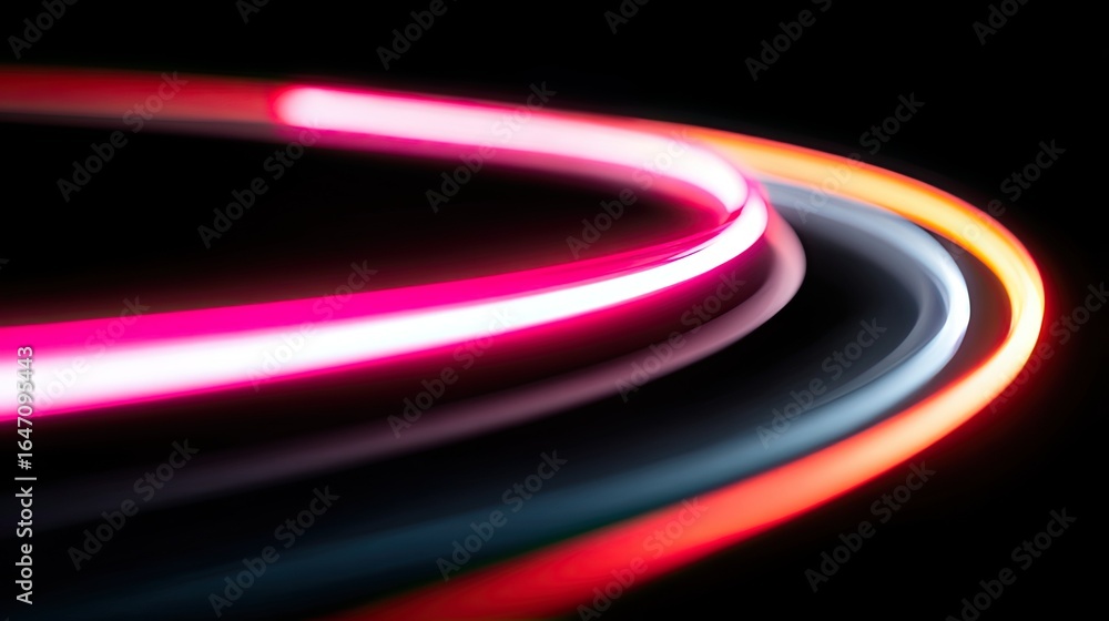 Poster dynamic neon light trails swirl with vibrant pink and red hues against a deep black background, crea