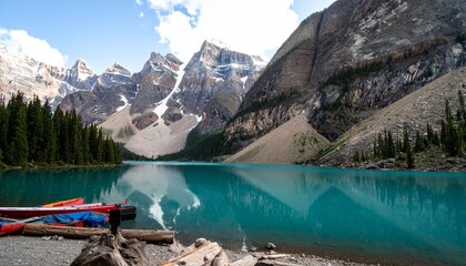 Turquoise lake reflects snow-capped mountains and lush green forests under a clear sky.