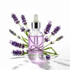 Lavender Essential Oil Dropper Bottle Surrounded by Fresh Lavender Flowers in Bright Light
