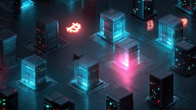 Dynamic digital data center servers gleam with vibrant neon lights, showcasing the cutting edge of blockchain technology and cryptocurrency infrastructure powering the future.