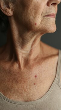 Elderly woman's neck showing cherry angiomas, small bright red benign skin lesions highlighting age related dermatological changes