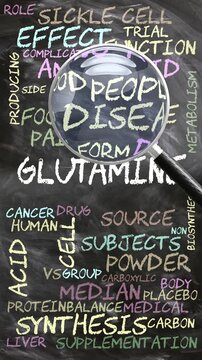 Glutamine being studied, examined - under close inspection. Most important subjects and ideas closely related to glutamine written on a blackboard inspected by a magnifying glass. Can be looped