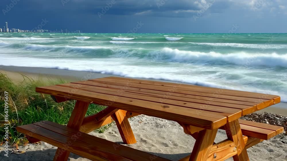 Aufkleber relaxing by the ocean as waves crash on the shore under a dramatic sky with a rustic picnic table in