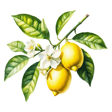 Juicy yellow lemons on a twig with green leaves and flowers. Watercolor digital illustration. A branch of a lemon fruit tree isolated on a white background