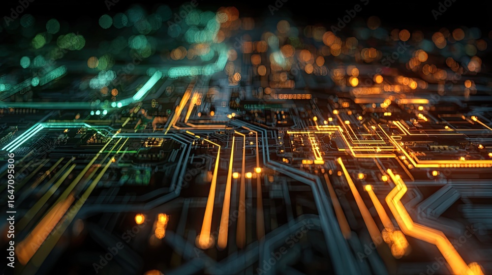 Aufkleber dynamic digital circuit board with glowing orange and green lines, representing data flow and techno