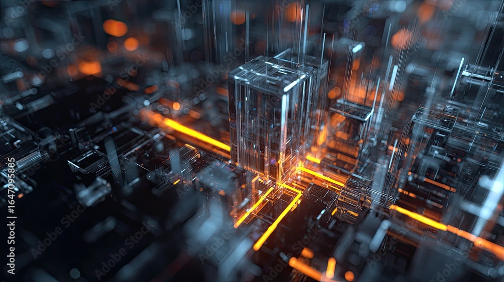 Poster experience the future with this dynamic digital cityscape visualization showcasing glowing neon path
