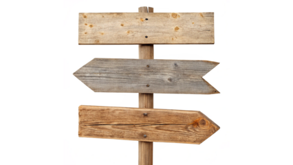 Wooden directional sign with multiple arrows pointing in different directions at a park during daylight hours on a transparent background