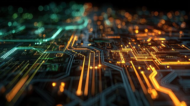 Dynamic digital circuit board with glowing orange and green lines, representing data flow and technological advancement, perfect for tech concepts.