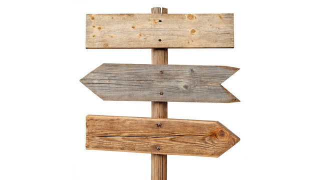 Wooden directional sign with multiple arrows pointing in different directions at a park during daylight hours on a transparent background