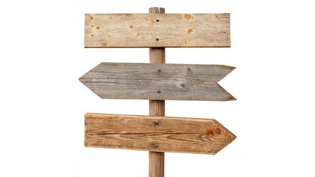Wooden directional sign with multiple arrows pointing in different directions at a park during daylight hours on a transparent background