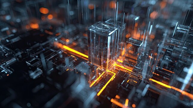 Experience the future with this dynamic digital cityscape visualization showcasing glowing neon pathways and intricate architectural structures, perfect for tech innovation concepts.