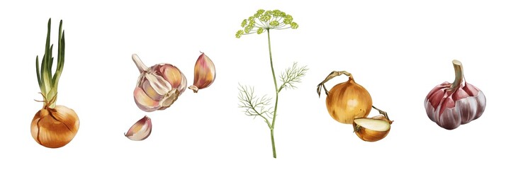 Fresh vegetables and herbs including onions, garlic, and dill displayed together on plain background