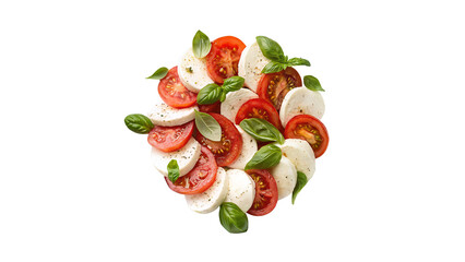 Fresh caprese salad featuring sliced tomatoes, mozzarella, and basil in a vibrant arrangement on a...