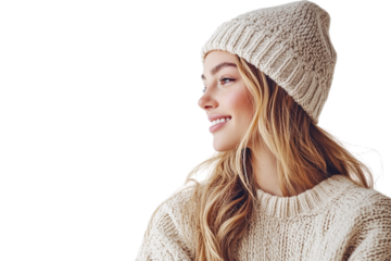 Smiling woman profile in knit hat, PNG. Warm, natural light highlights texture, perfect for lifestyle branding, blog, or social media.