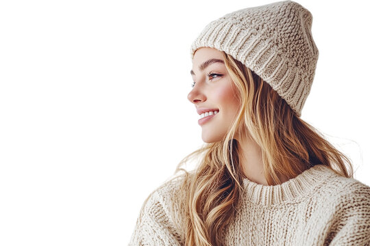 Smiling woman profile in knit hat, PNG. Warm, natural light highlights texture, perfect for lifestyle branding, blog, or social media.