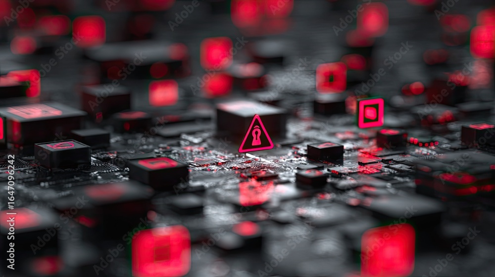 Poster digital cybersecurity threat alert with glowing red warning symbols and lock icon on a dark circuit 