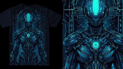 Stunning futuristic cyborg warrior clad in intricate blue metallic armor with glowing cyan accents, embodying advanced technology and powerful artificial intelligence.