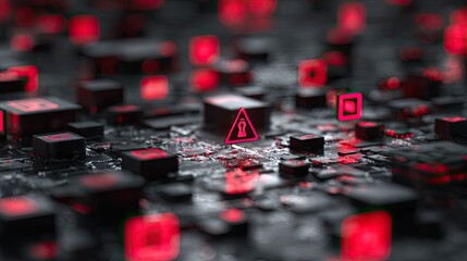 Digital cybersecurity threat alert with glowing red warning symbols and lock icon on a dark circuit board background, representing data breach and network vulnerability