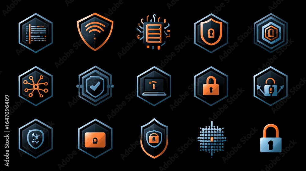 Aufkleber dynamic digital security icons and symbols protecting data, networks, and privacy with modern techno
